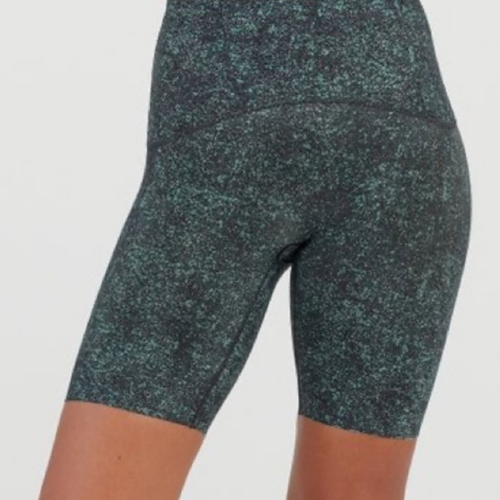 SPANX bike shorts, supportive fit, speckled emerald
